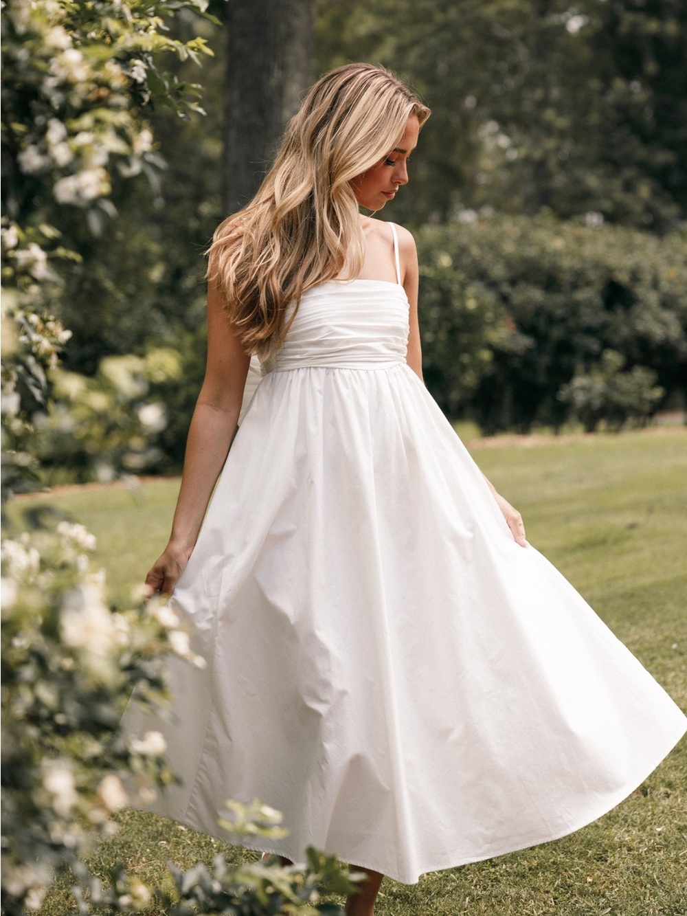 Petal & Pup Alice Bow Back Midi Classic White Spaghetti-Strap Dress Feminine